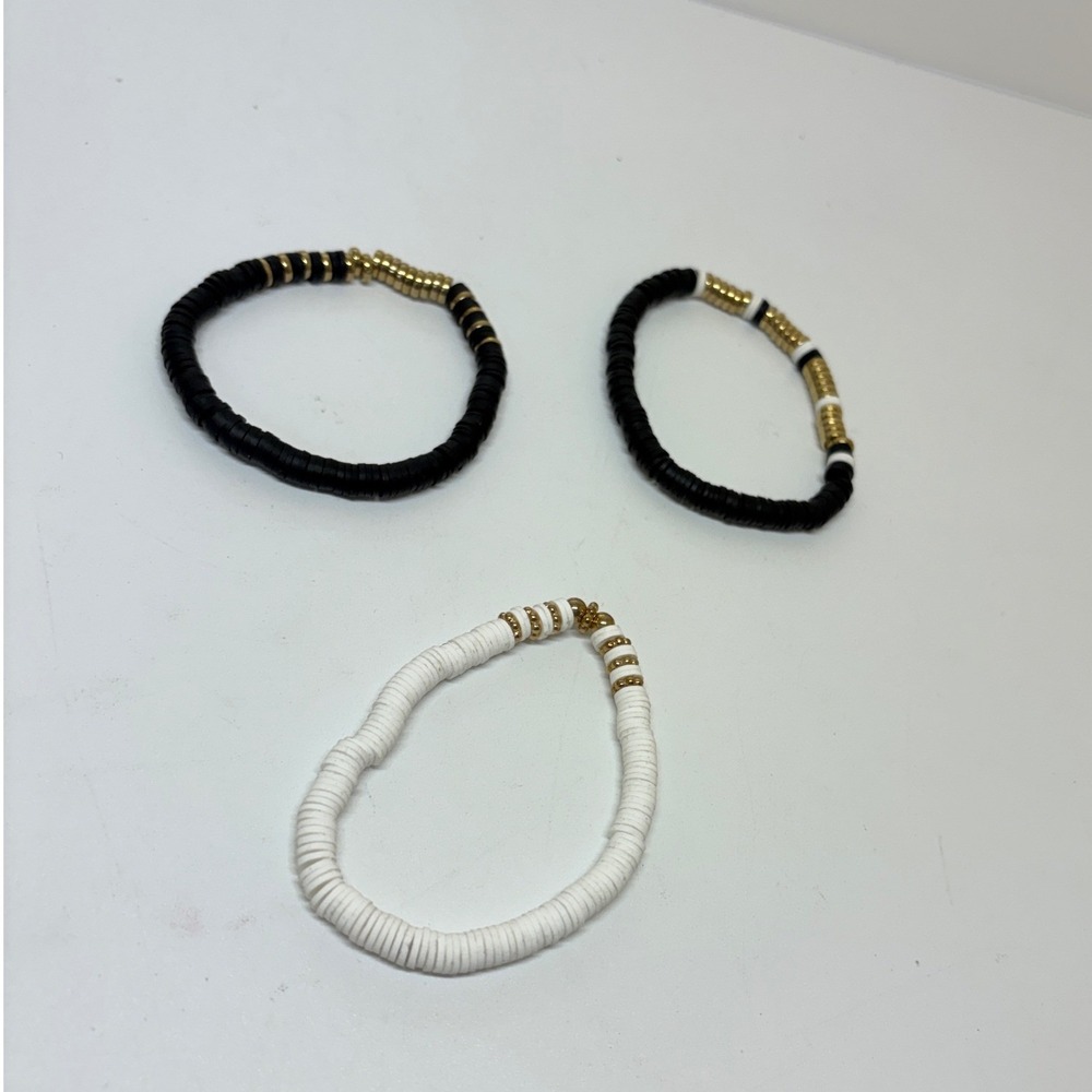 Black White Gold Heishi Bead Stretch Bracelet Set 3pc Boho Stackable